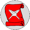Minister of the Lists badge: Fieldless, On a scroll gules two quill pens in saltire argent.