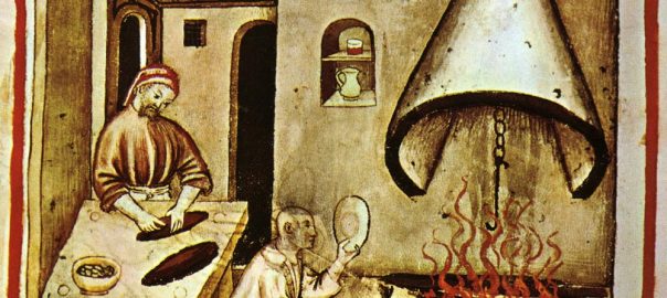 Medieval manuscript illustration showing food preparation and cooking.