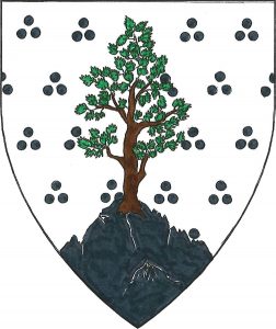 Argent, estencelé sable, an ash tree proper issuant from a mountain sable.