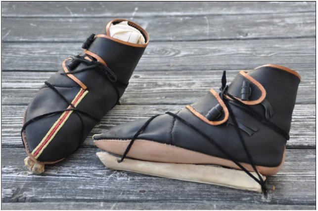 Leather shoes laced onto bone skates.