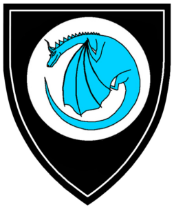 Sable, on a plate a dragon in annulo wings closed azure all within an orle argent.